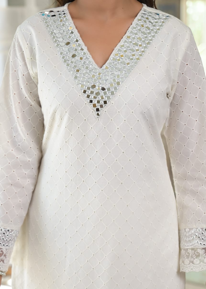 White Pure Cotton Co-ord Set with Cipli & Mirror Work D6269