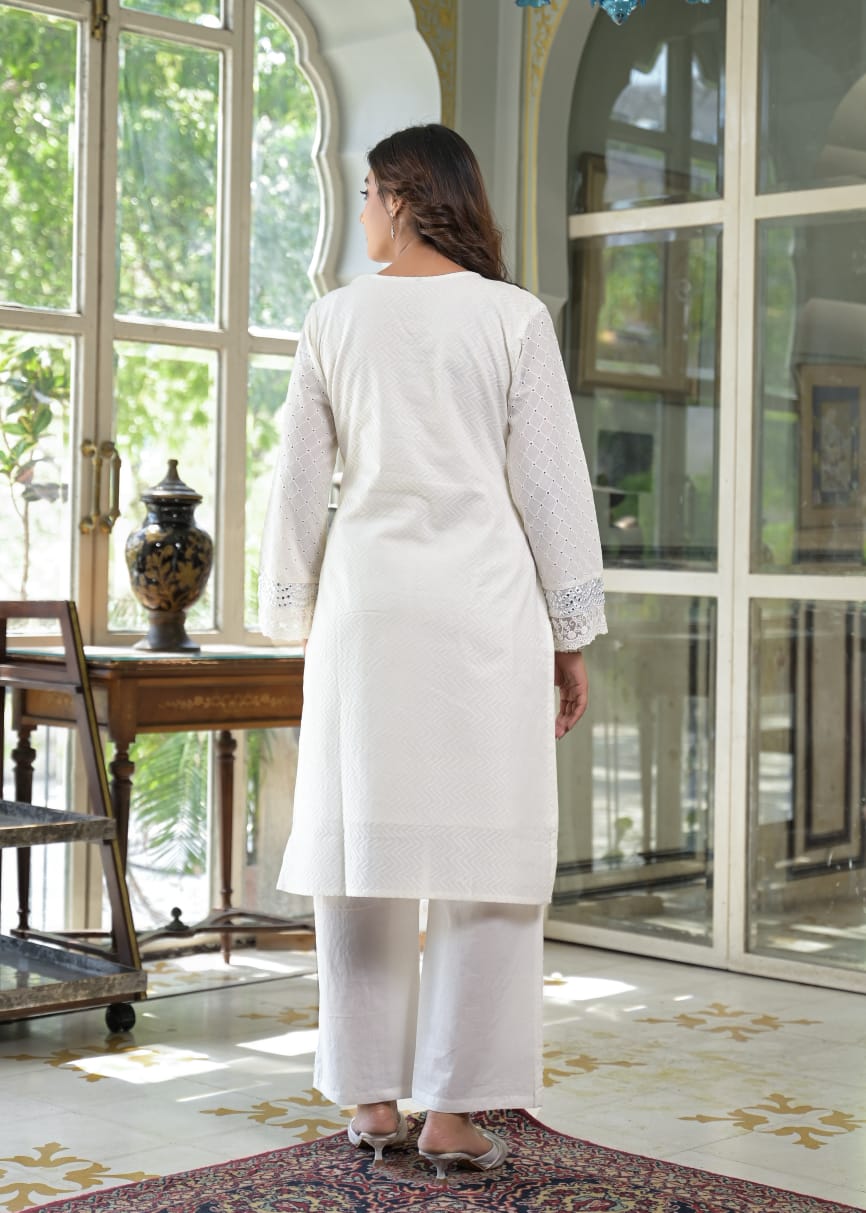 White Pure Cotton Co-ord Set with Cipli & Mirror Work D6269