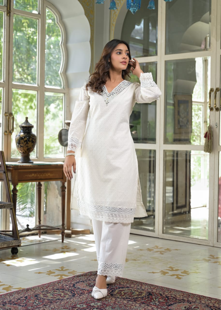 White Pure Cotton Co-ord Set with Cipli & Mirror Work D6269 - kharidari
