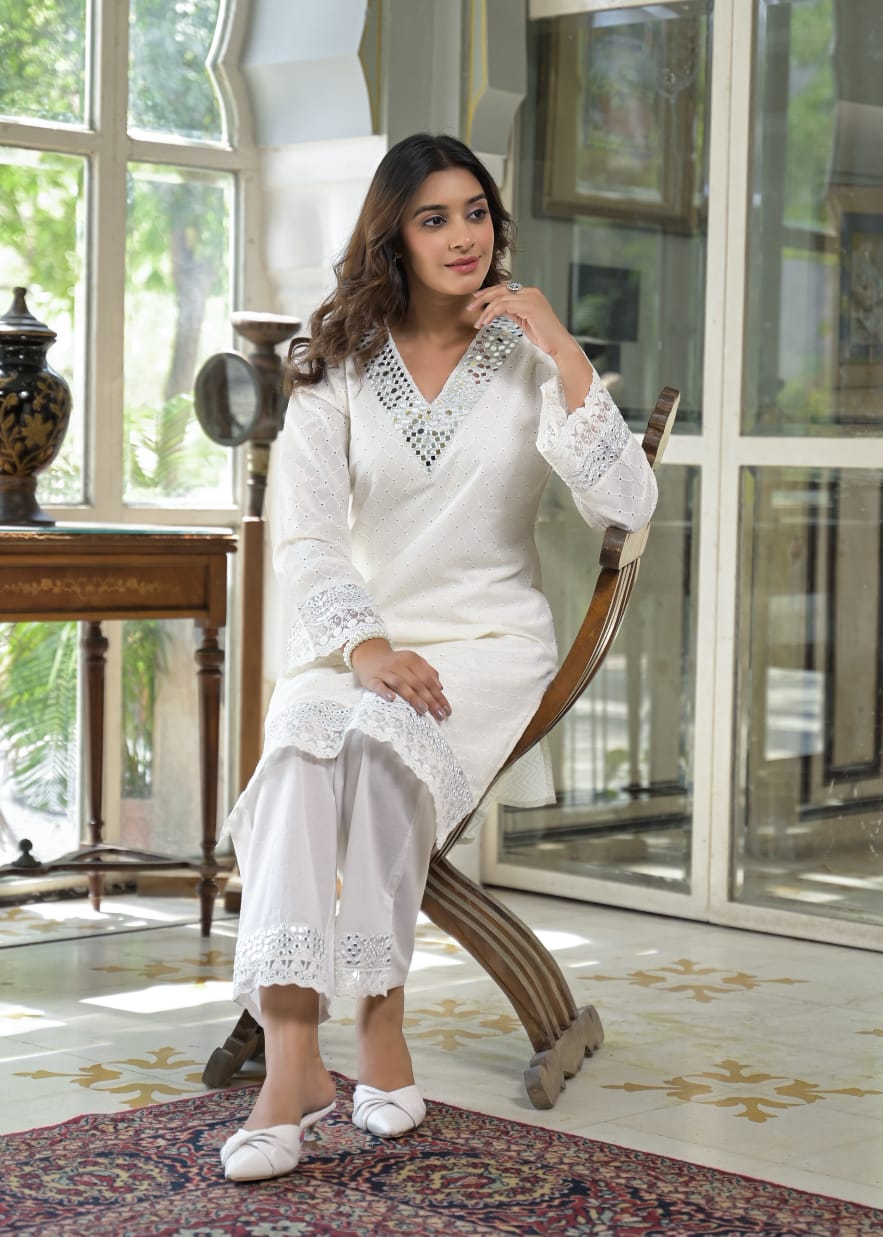 White Pure Cotton Co-ord Set with Cipli & Mirror Work D6269