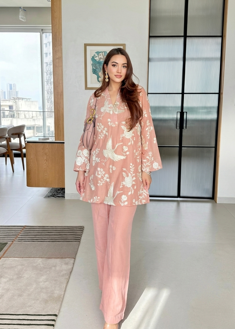 Women Peach Floral Printed Mul Cotton Co-Ord Set with Palazzo Pants D6352