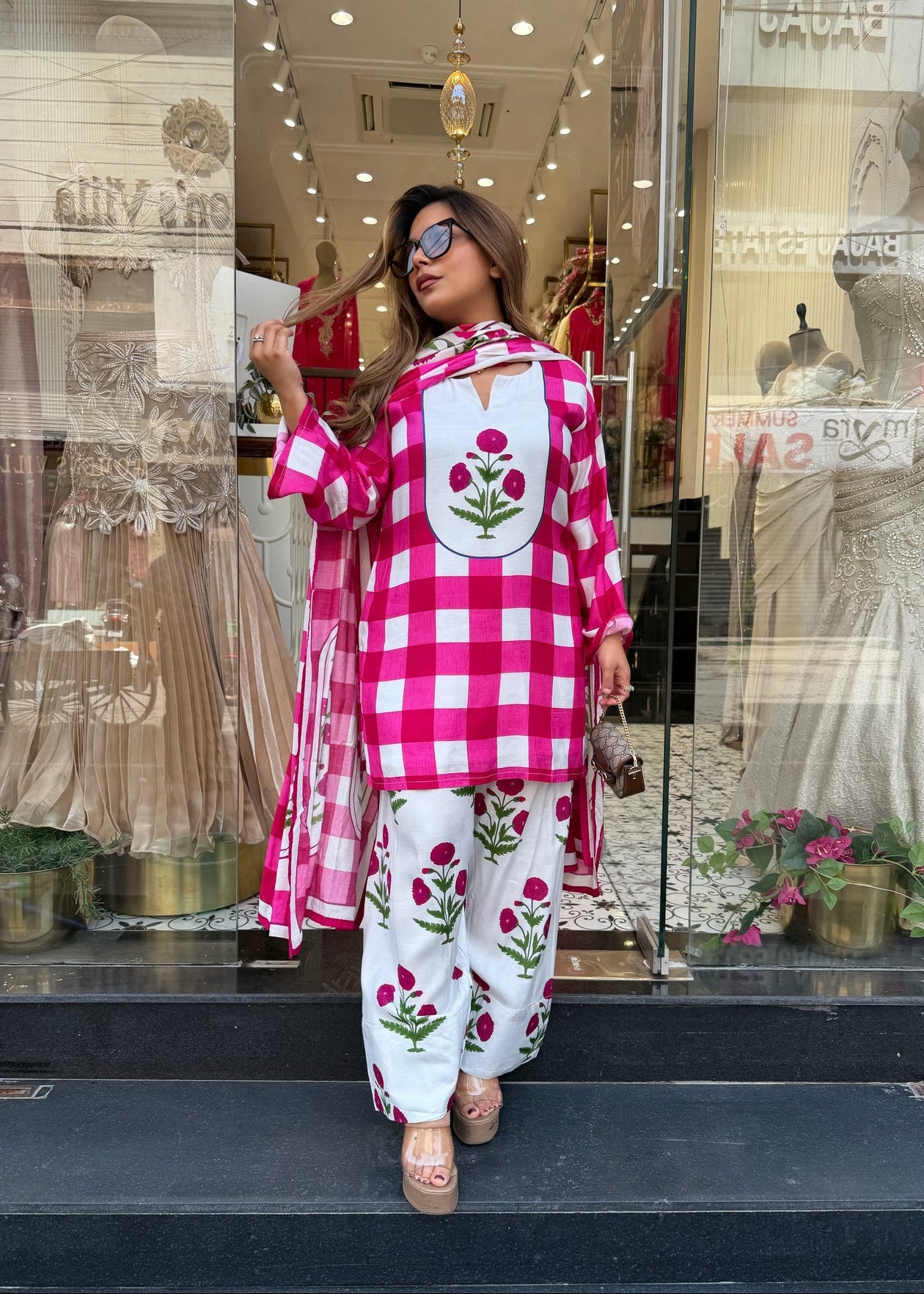 Women's Pink Checked Rayon Kurta with Floral Print Palazzo & Dupatta Set D6357