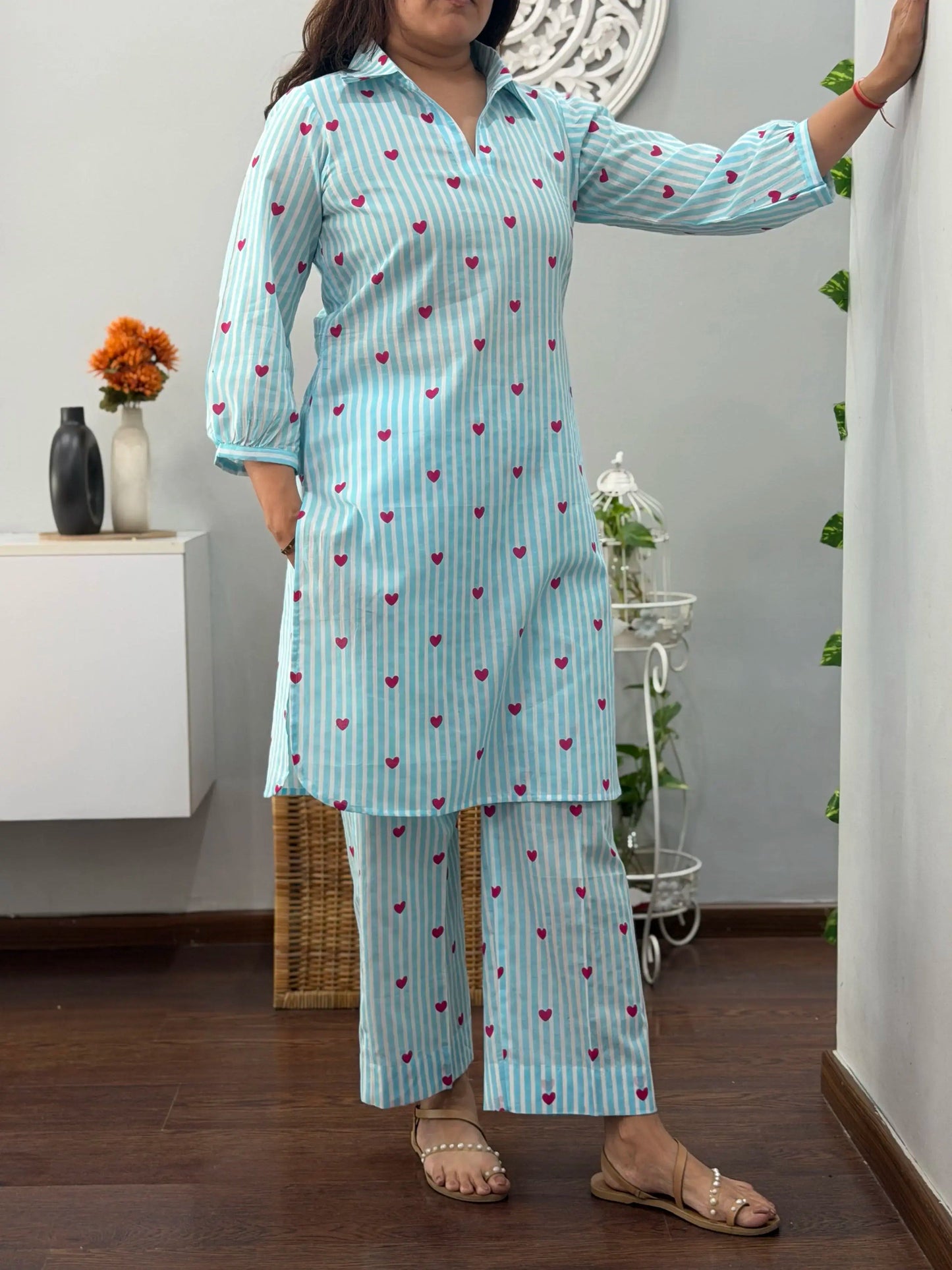 Women's Sky Blue Heart Print Rayon Co-Ord Set | Striped Collar Kurta with Straight Pants D6356