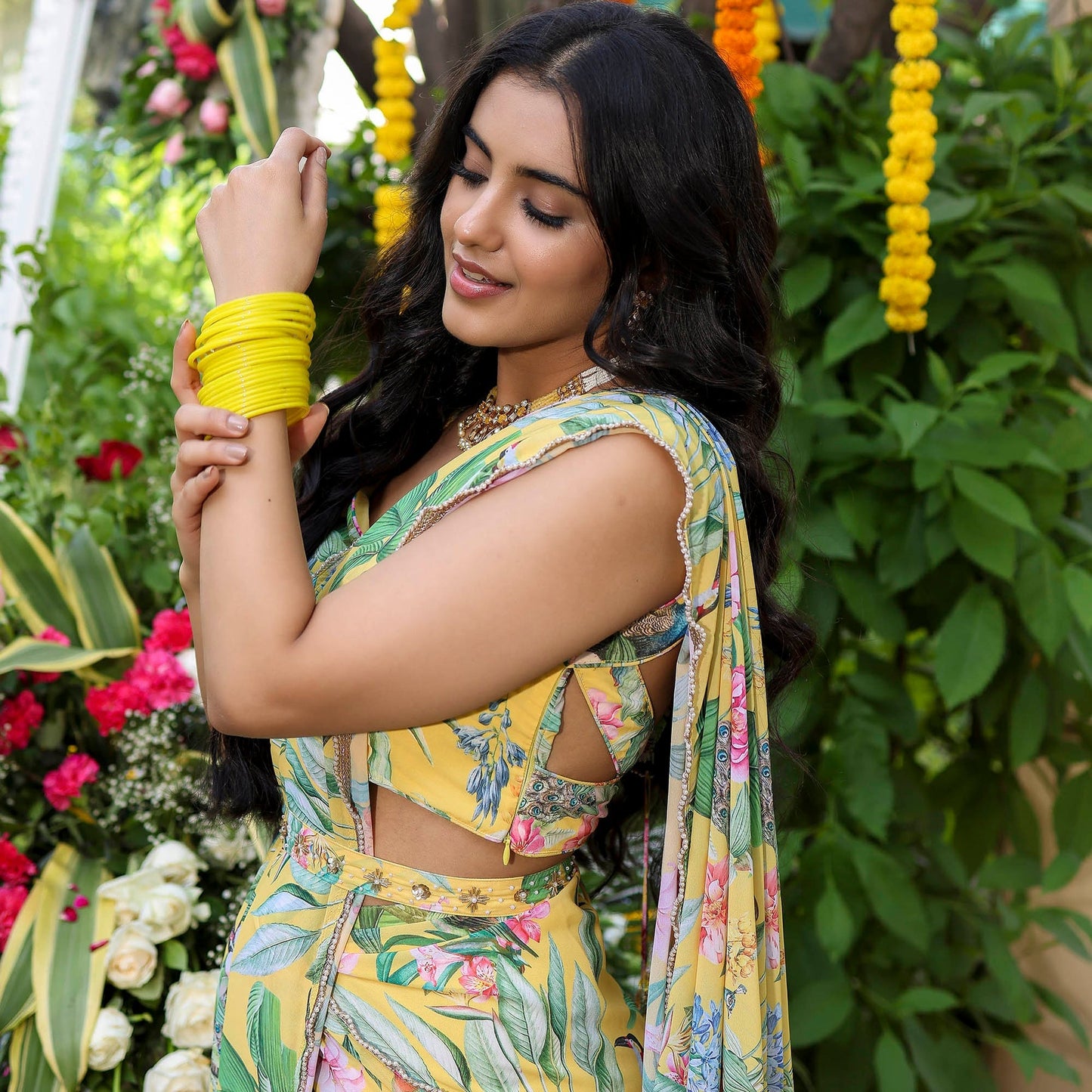 Yellow Color Flower Print Georgette Saree D5012
