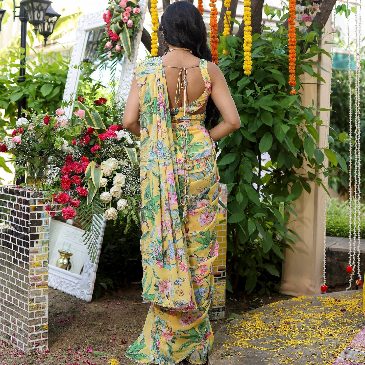 Yellow Color Flower Print Georgette Saree D5012