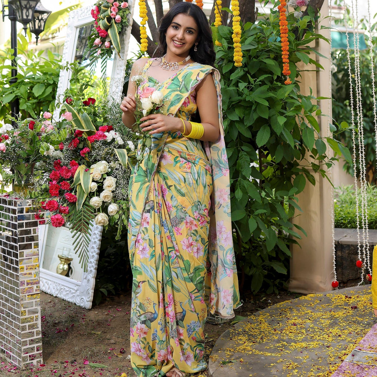 Yellow Color Flower Print Georgette Saree D5012