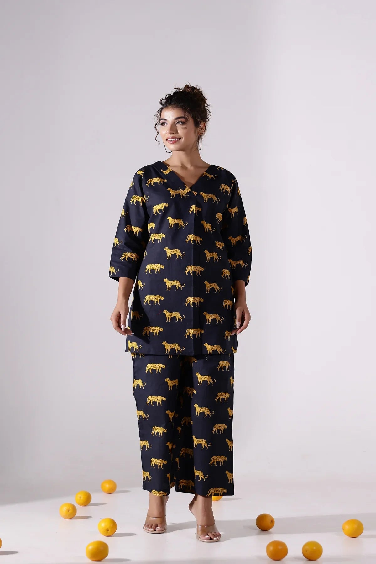 The Black Mustard Leopard Muslin Cotton Coord Set D6036 - kharidari