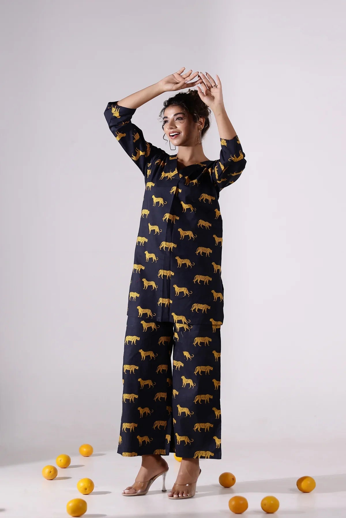 The Black Mustard Leopard Muslin Cotton Coord Set D6036 - kharidari