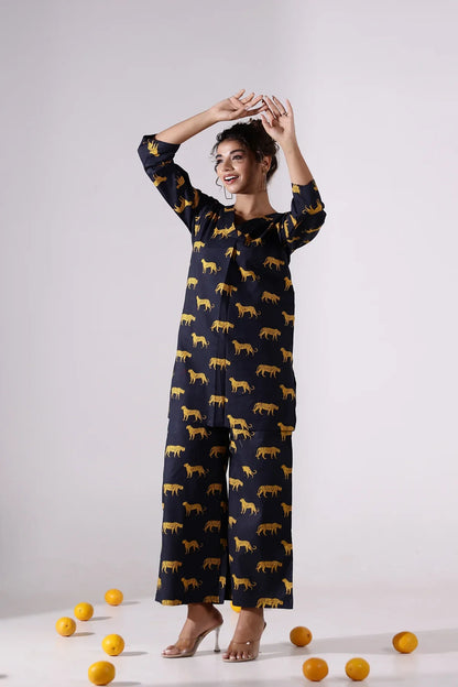 The Black Mustard Leopard Muslin Cotton Coord Set D6036 - kharidari