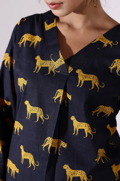 The Black Mustard Leopard Muslin Cotton Coord Set D6036 - kharidari