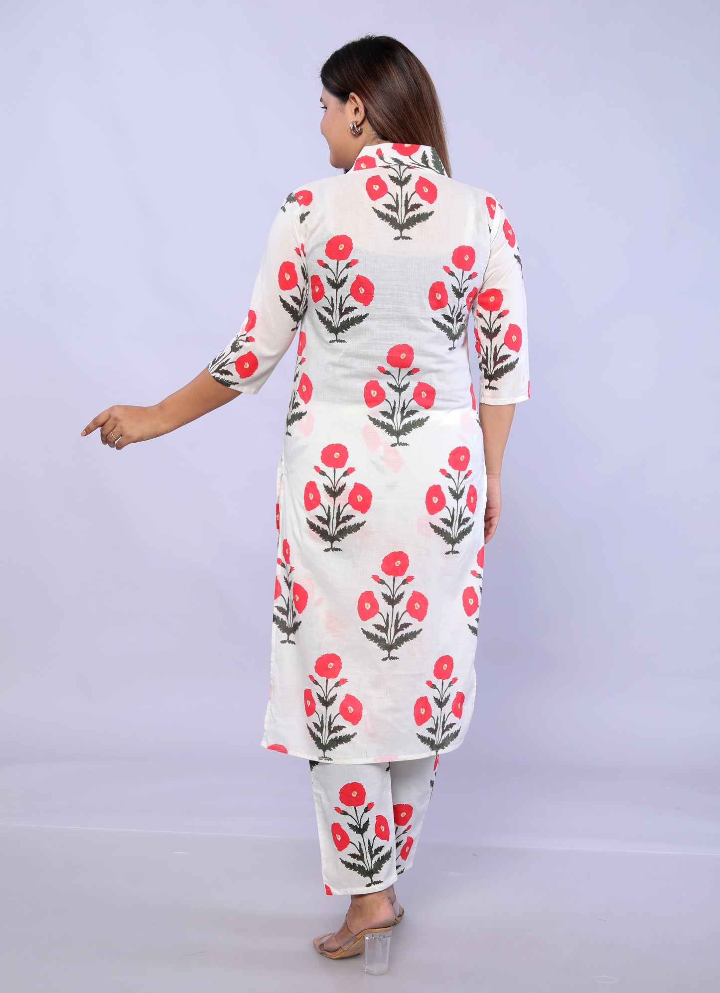 Red Flower plant printed Cotton Co-ord Set VT6008