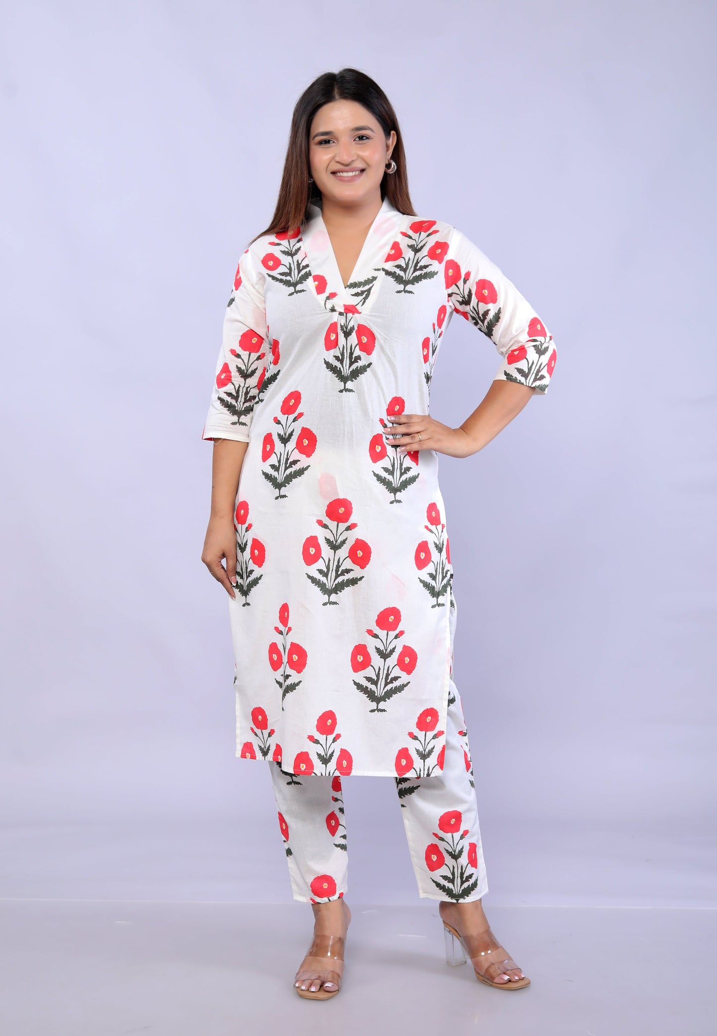 Red Flower plant printed Cotton Co-ord Set VT6008 - kharidari
