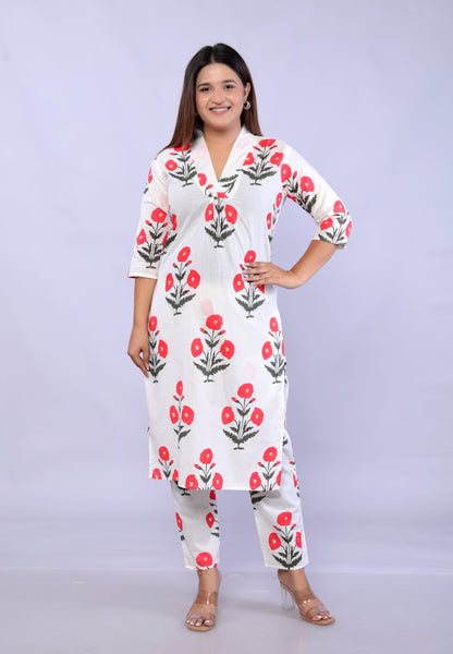 Red Flower plant printed Cotton Co-ord Set VT6008 - kharidari