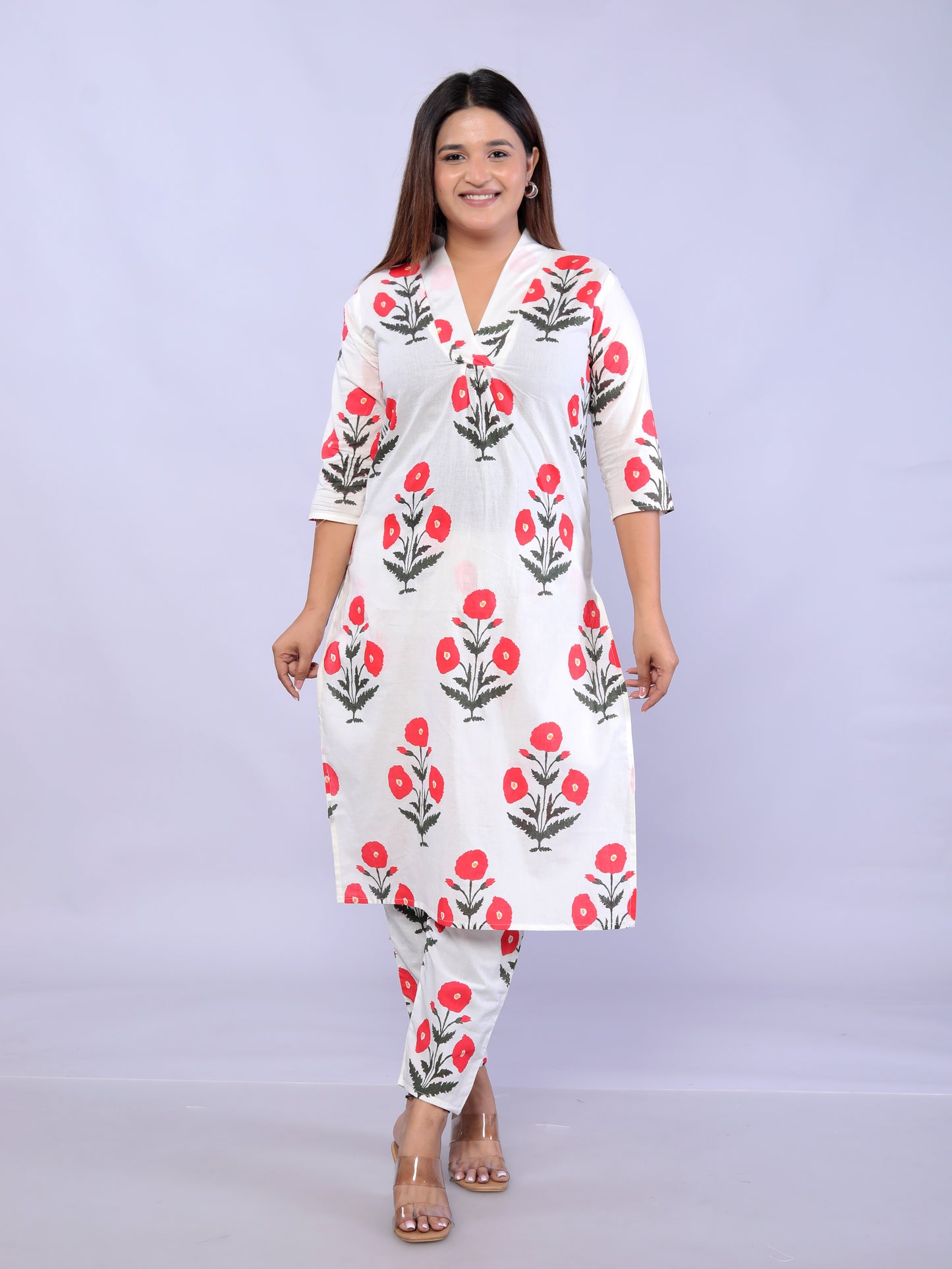 Red Flower plant printed Cotton Co-ord Set VT6008