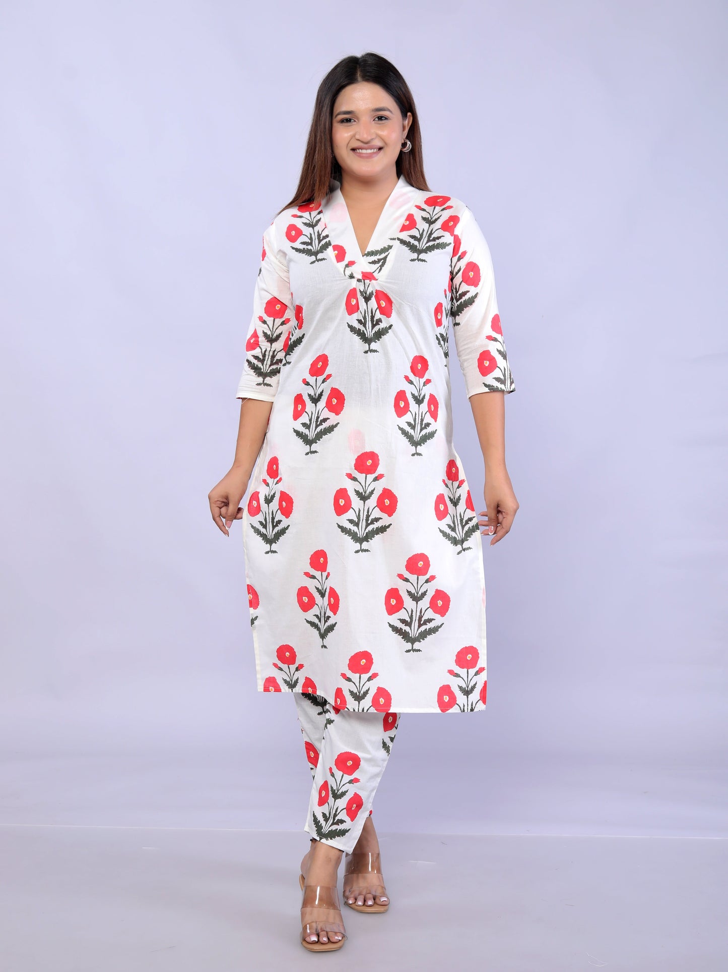 Red Flower plant printed Cotton Co-ord Set VT6008 - kharidari