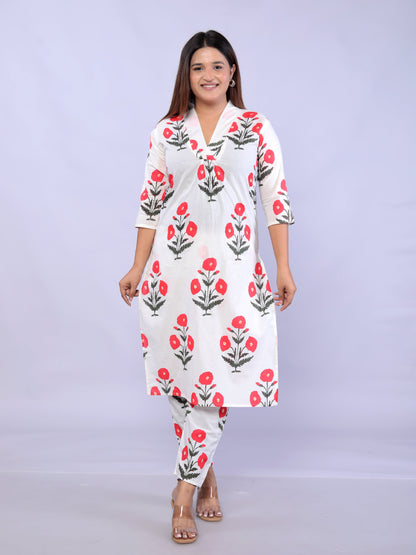 Red Flower plant printed Cotton Co-ord Set VT6008 - kharidari
