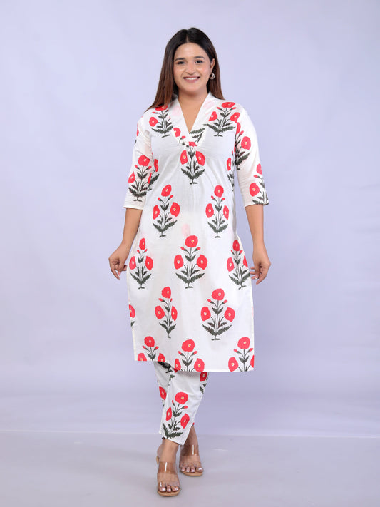 Red Flower plant printed Cotton Co-ord Set VT6008 - kharidari