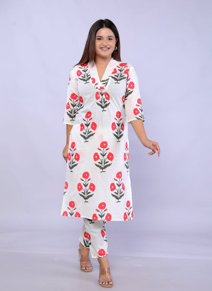 Red Flower plant printed Cotton Co-ord Set VT6008 - kharidari