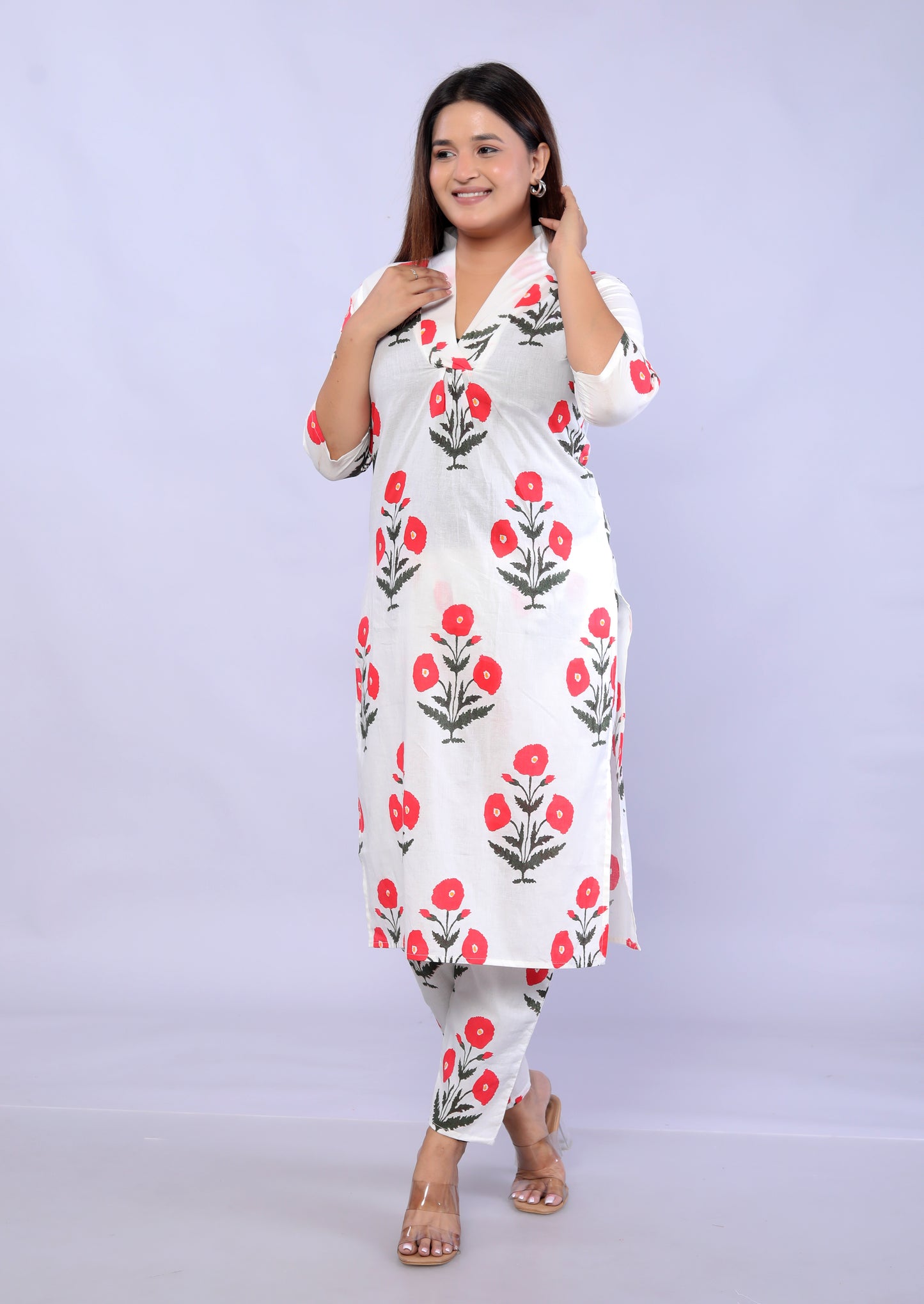 Red Flower plant printed Cotton Co-ord Set VT6008