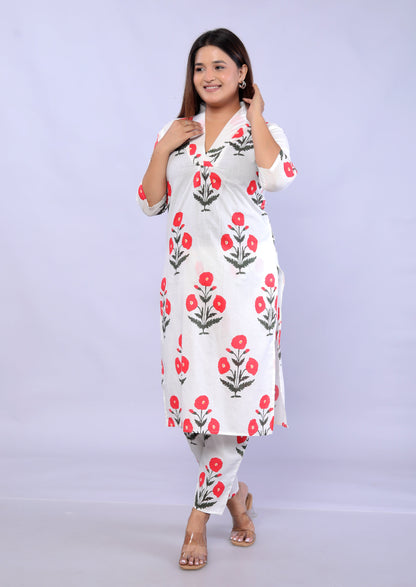 Red Flower plant printed Cotton Co-ord Set VT6008 - kharidari