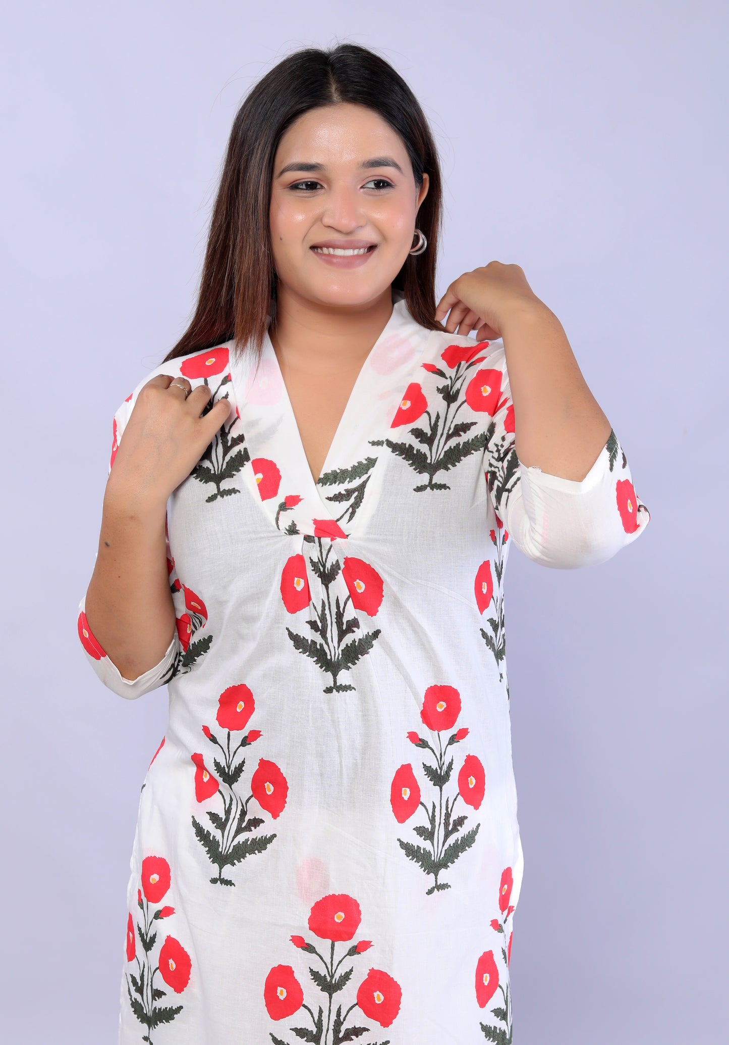 Red Flower plant printed Cotton Co-ord Set VT6008