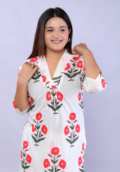 Red Flower plant printed Cotton Co-ord Set VT6008 - kharidari