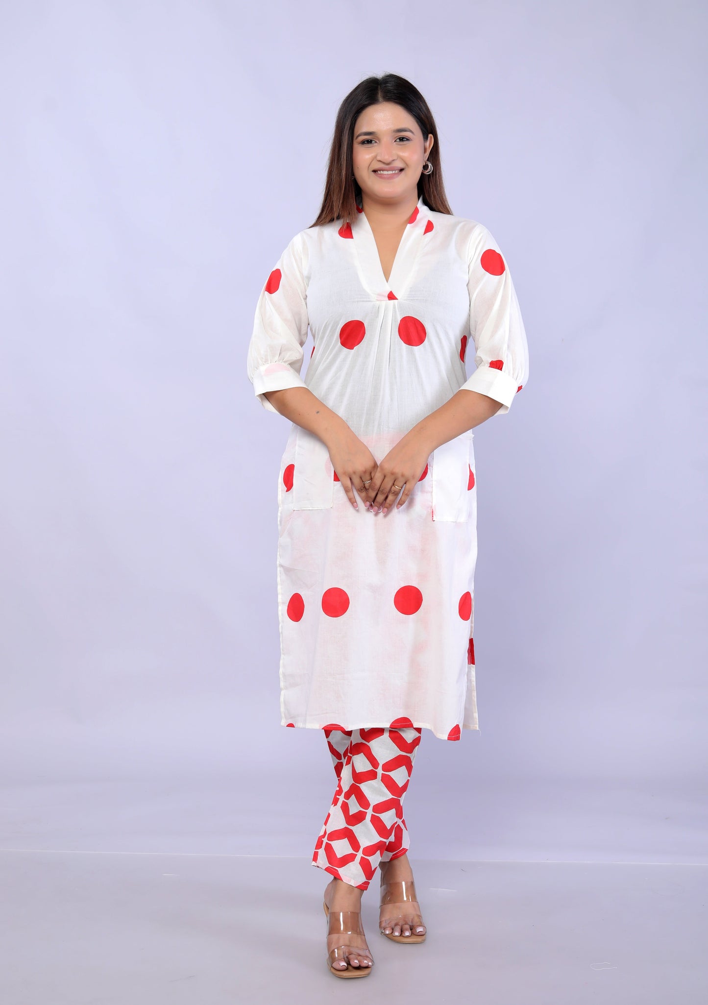 Red Polka Dots printed Cotton Co-ord Set D6042 - kharidari