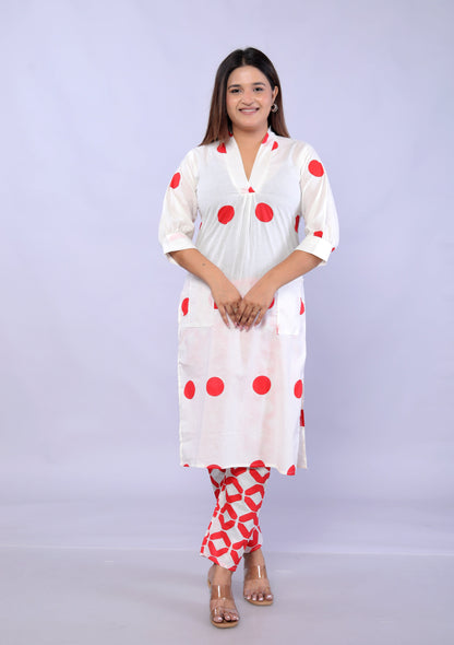 Red Polka Dots printed Cotton Co-ord Set D6042 - kharidari