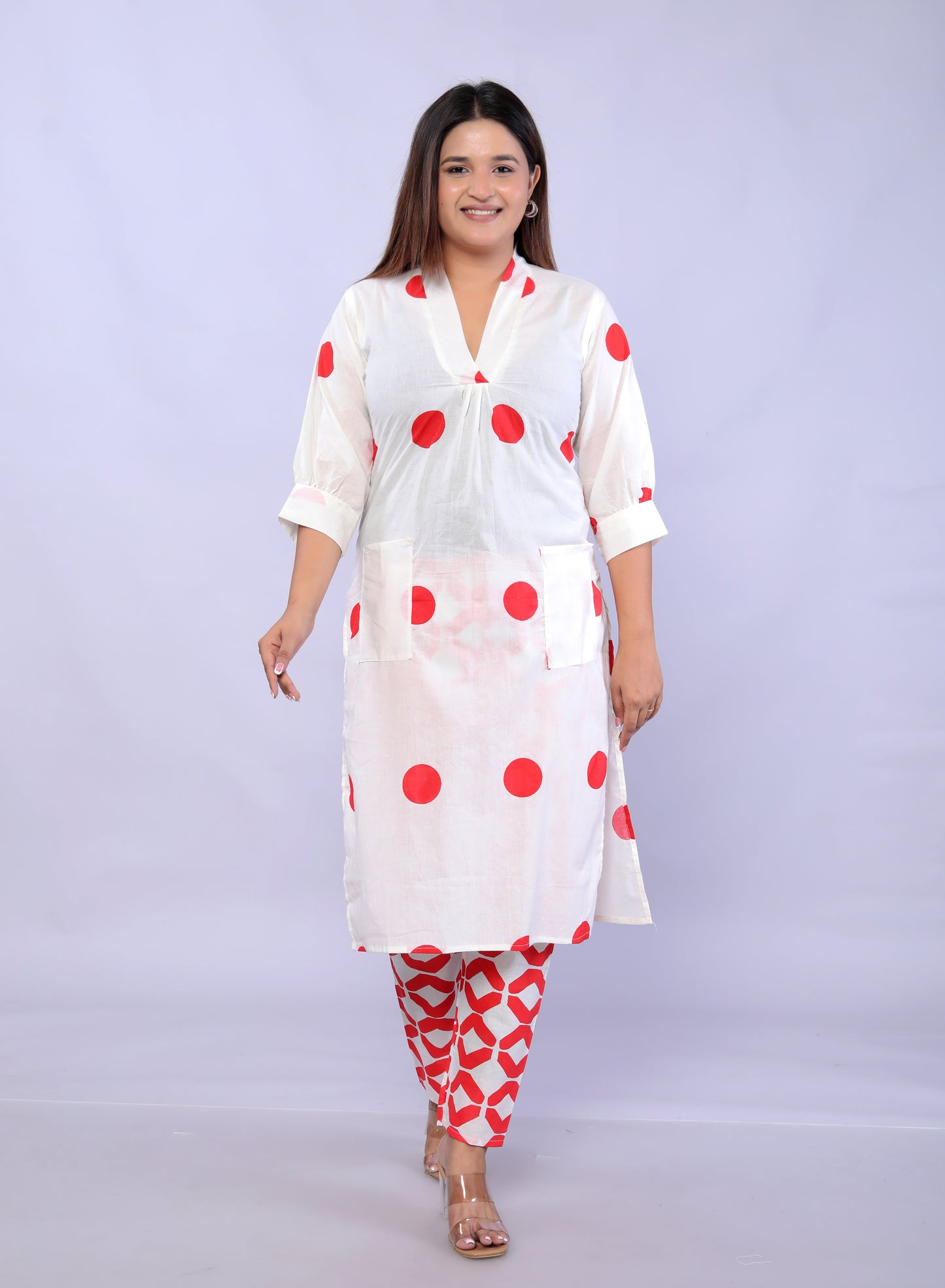 Red Polka Dots printed Cotton Co-ord Set D6042