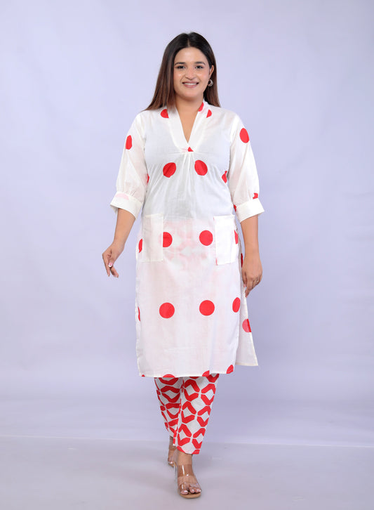Red Polka Dots printed Cotton Co-ord Set D6042 - kharidari