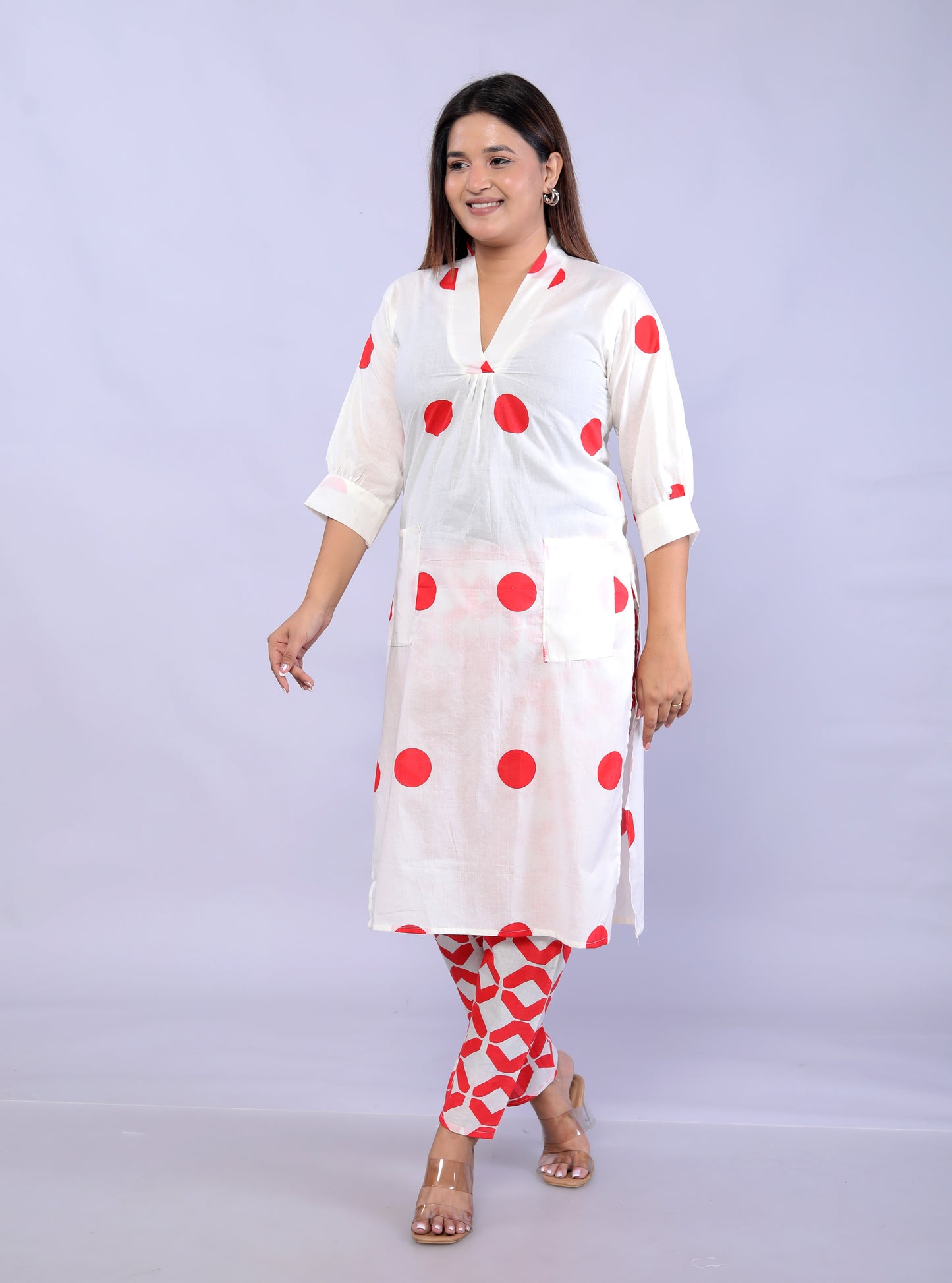 Red Polka Dots printed Cotton Co-ord Set D6042