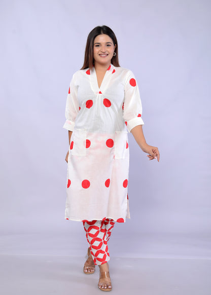 Red Polka Dots printed Cotton Co-ord Set D6042