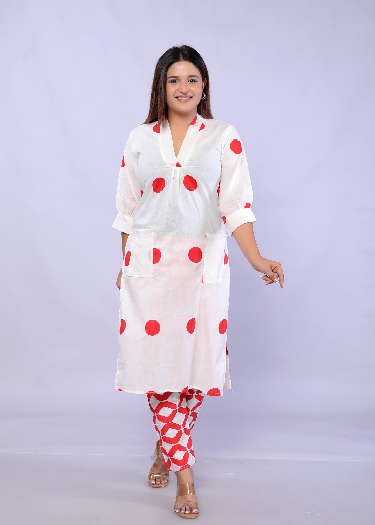 Red Polka Dots printed Cotton Co-ord Set D6042 - kharidari