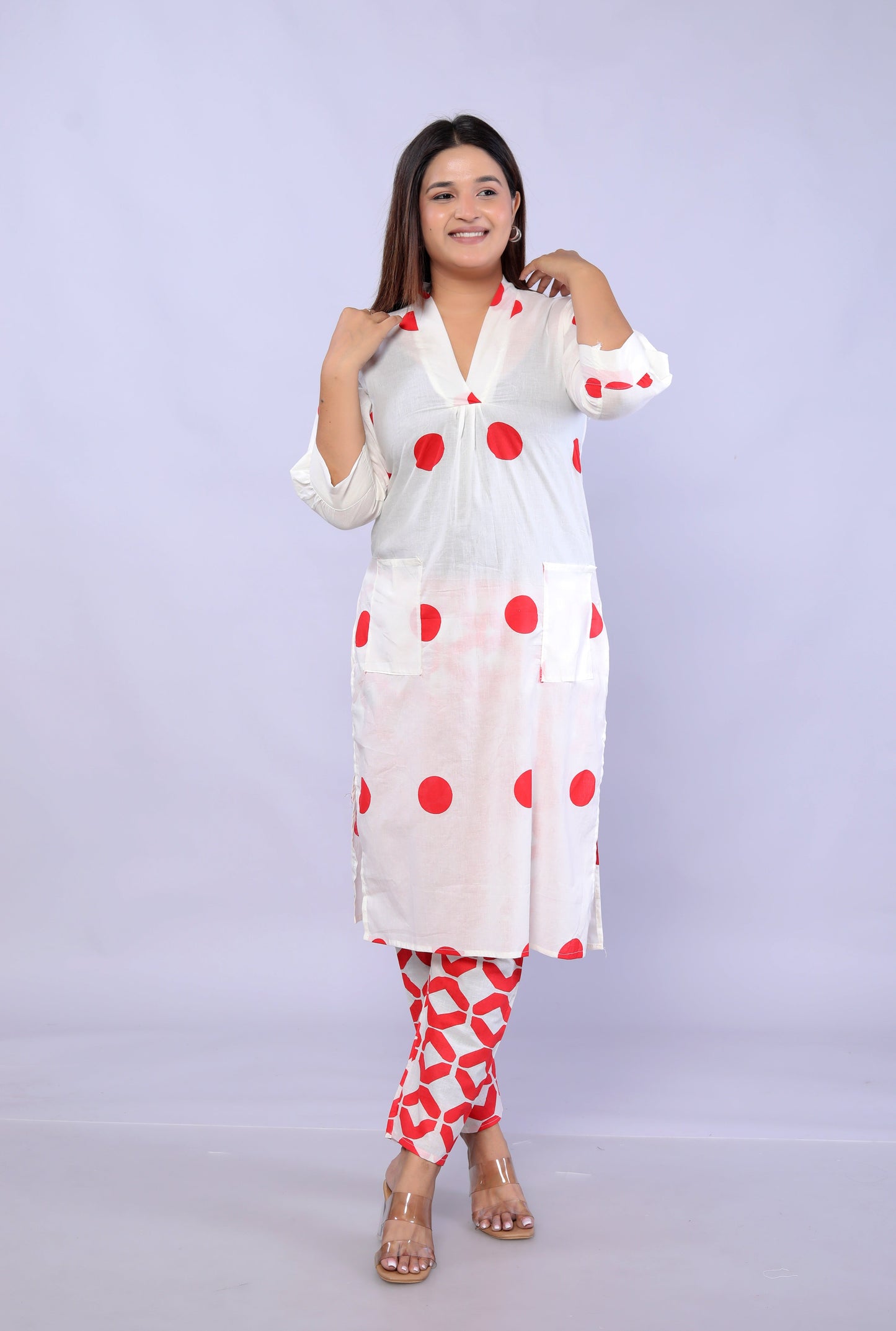 Red Polka Dots printed Cotton Co-ord Set D6042 - kharidari