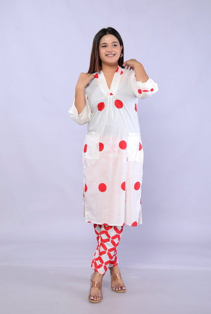 Red Polka Dots printed Cotton Co-ord Set D6042 - kharidari