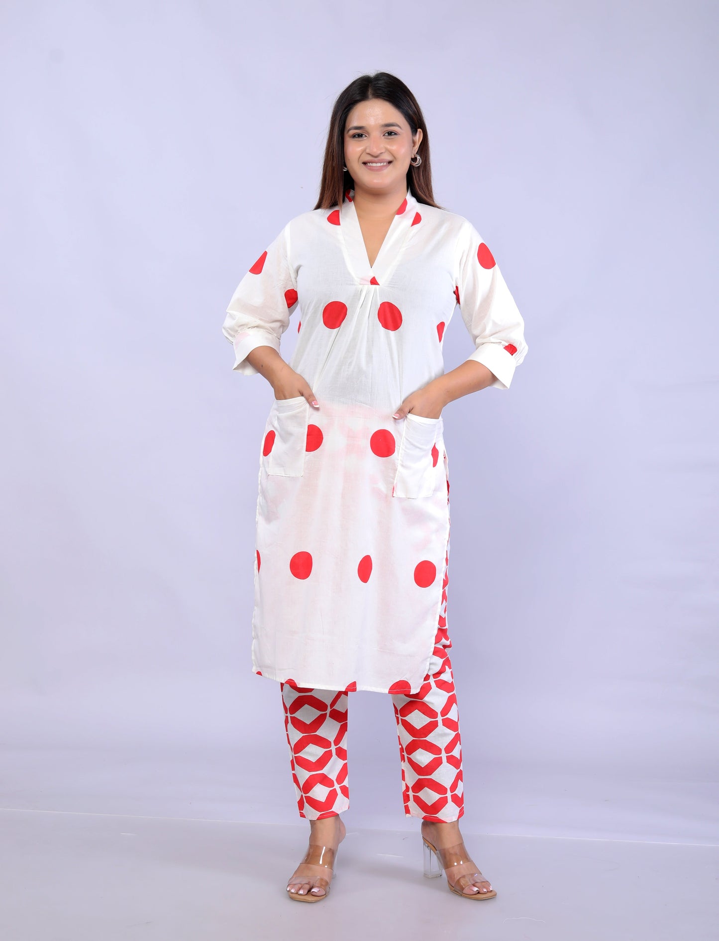 Red Polka Dots printed Cotton Co-ord Set D6042 - kharidari
