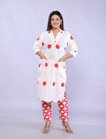 Red Polka Dots printed Cotton Co-ord Set D6042 - kharidari