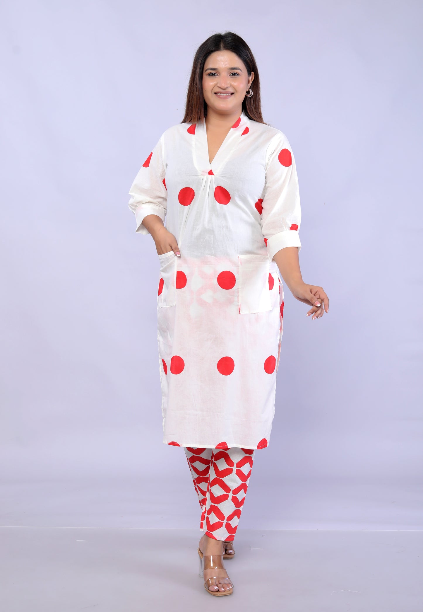 Red Polka Dots printed Cotton Co-ord Set D6042