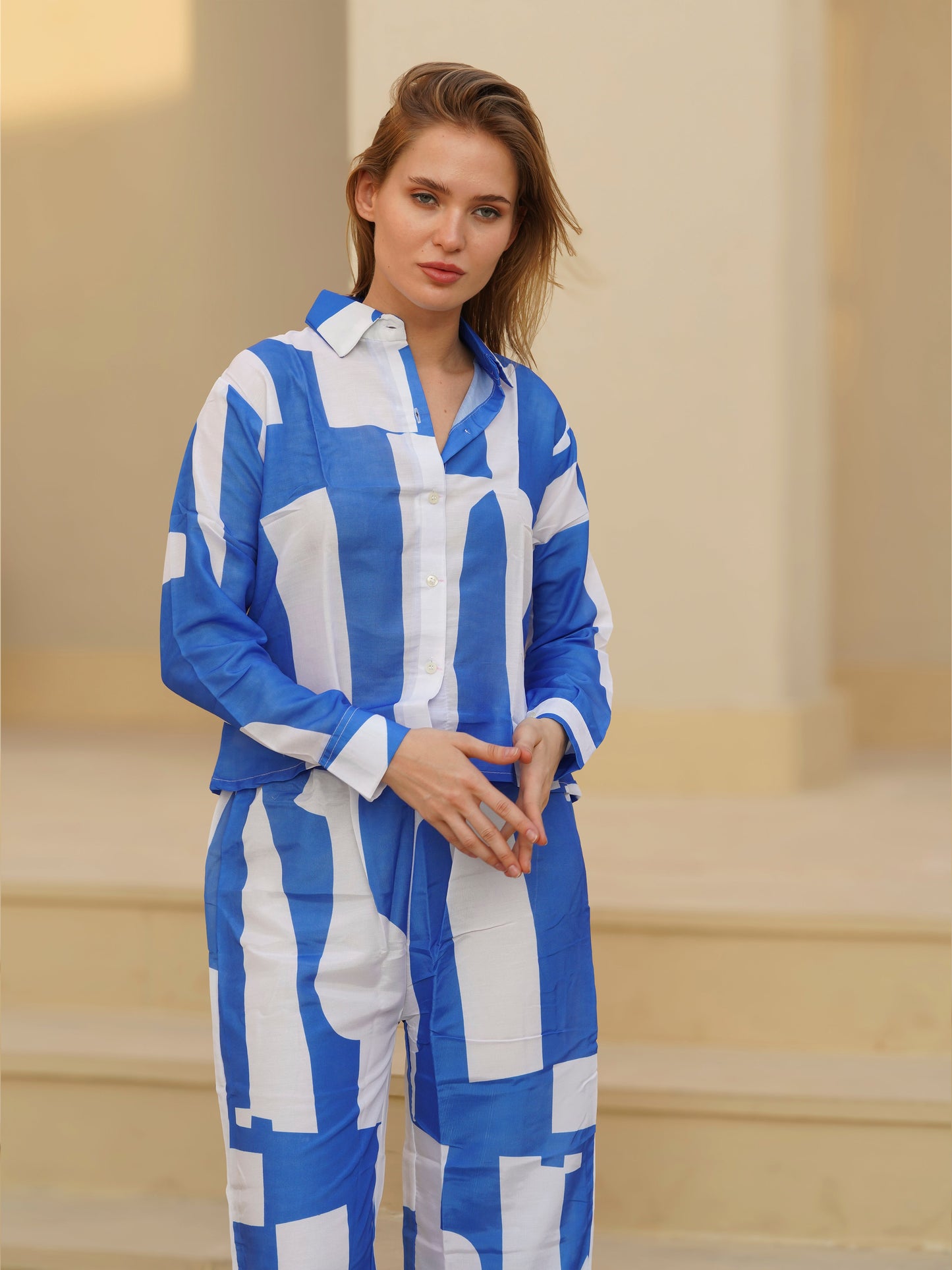 Blue White Unique Printed Co-rd Set VT6018 - kharidari