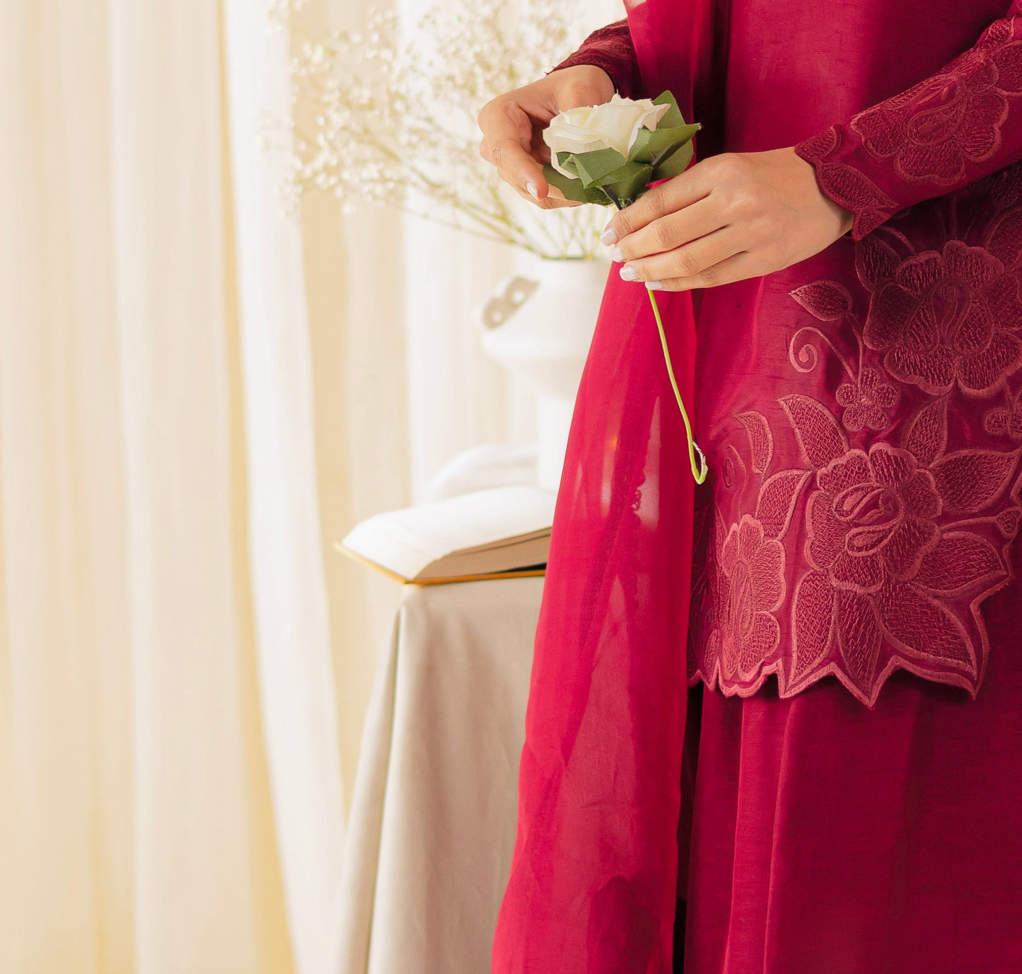 "The Ruby Blossom Ensemble: Deep Red Embroidered Raw Silk Suit" D6325