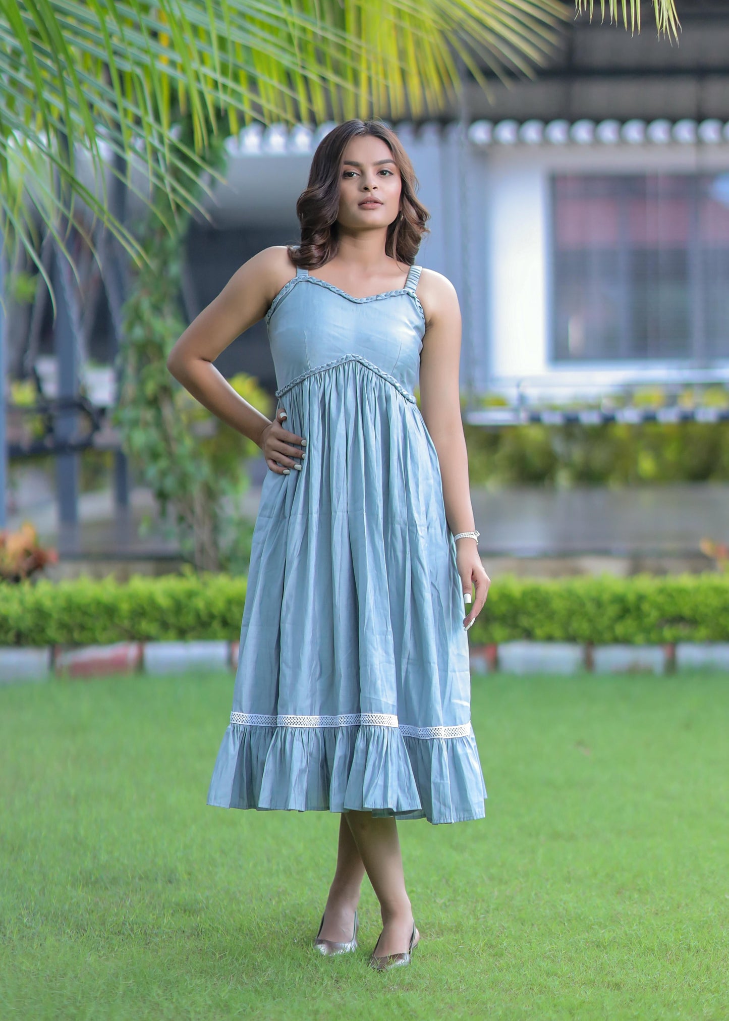 Sky Blue Spaghetti Strap Party Wear Tunic Dress D6079