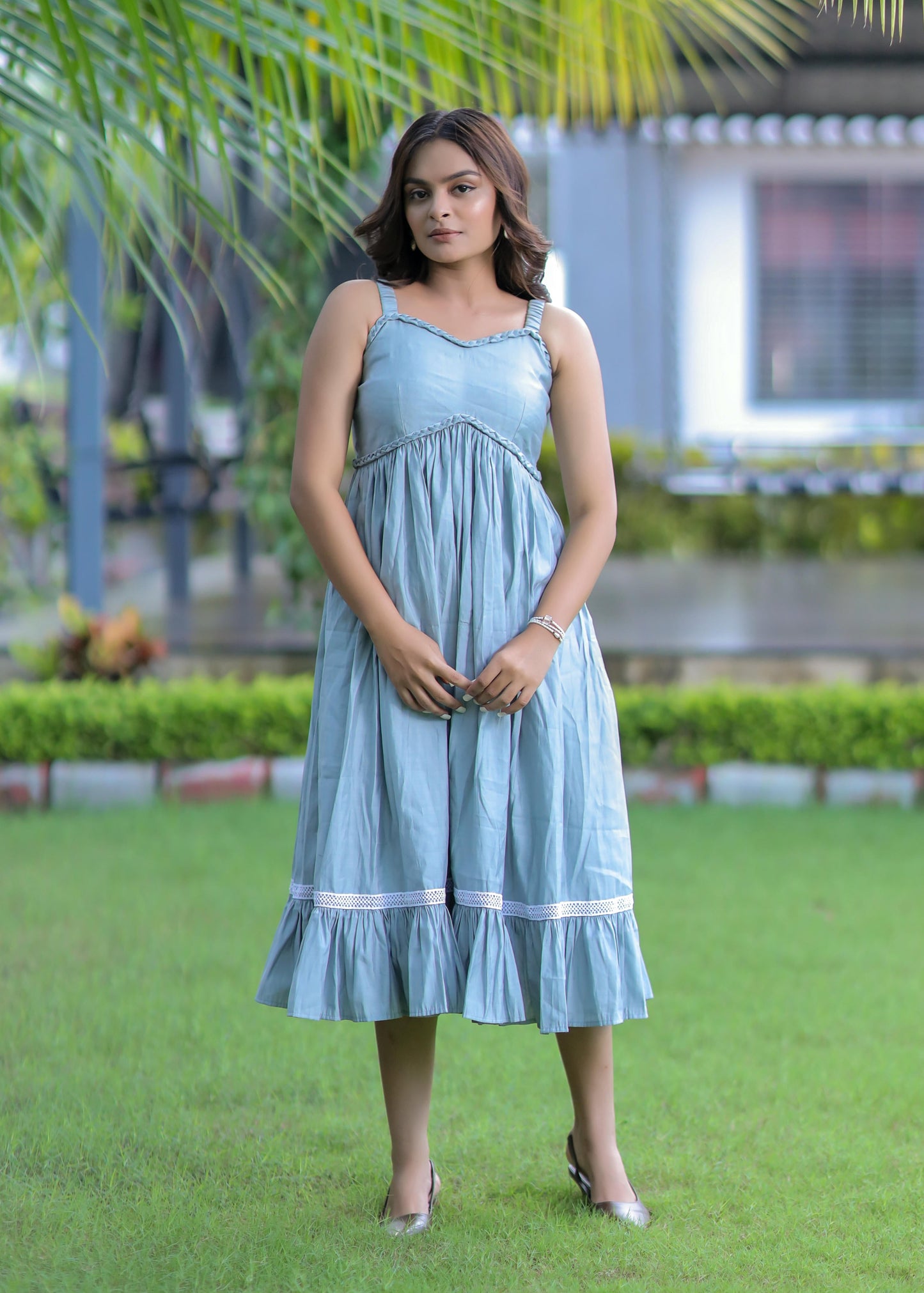 Sky Blue Spaghetti Strap Party Wear Tunic Dress D6079