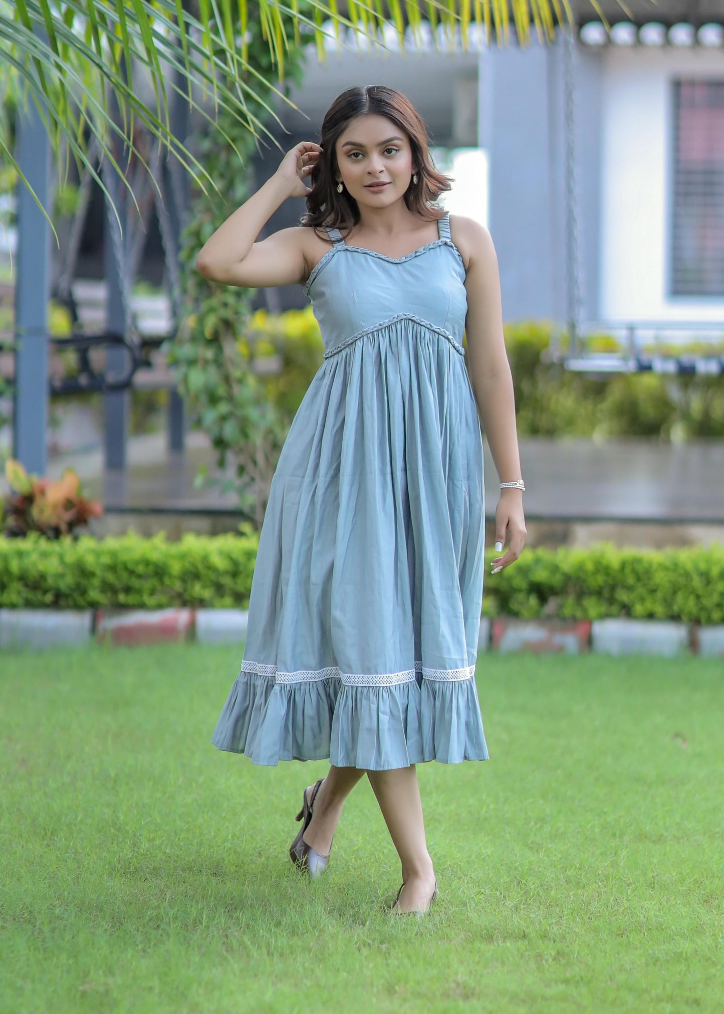 Sky Blue Spaghetti Strap Party Wear Tunic Dress D6079