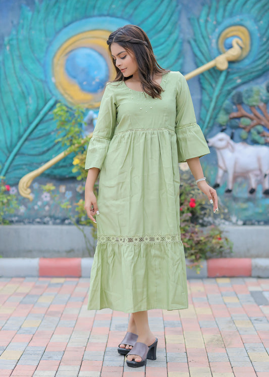 Olive Green Balloon Sleeves Maxi Dress D6084