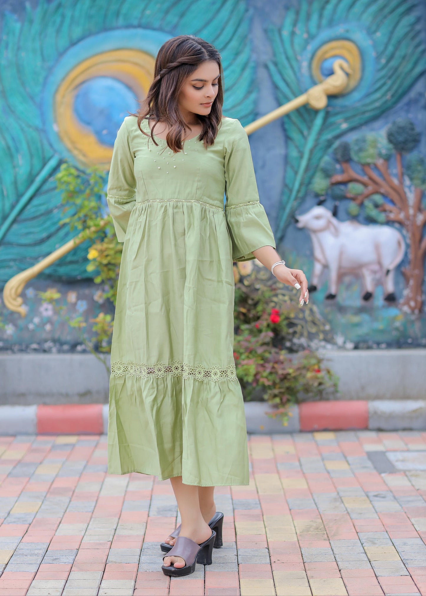 Olive Green Balloon Sleeves Maxi Dress D6084