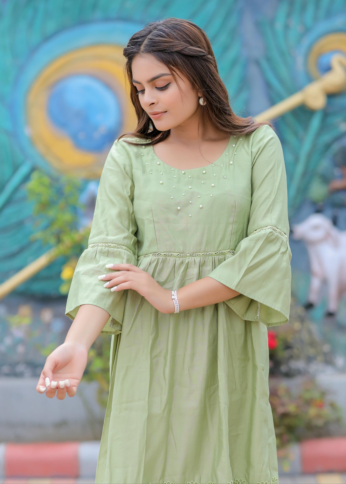 Olive Green Balloon Sleeves Maxi Dress D6084