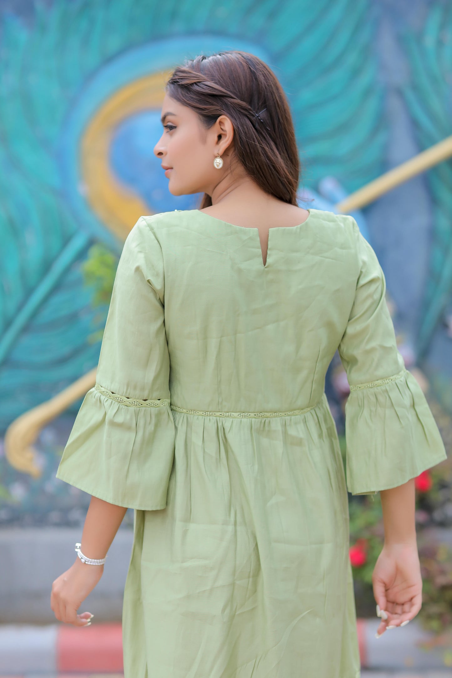 Olive Green Balloon Sleeves Maxi Dress D6084