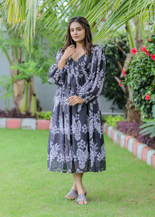 Black Floral Print Georgette Maxi Dress D6085