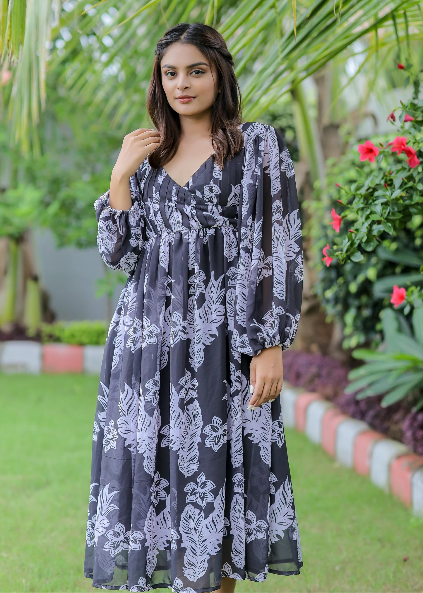 Black Floral Print Georgette Maxi Dress D6085