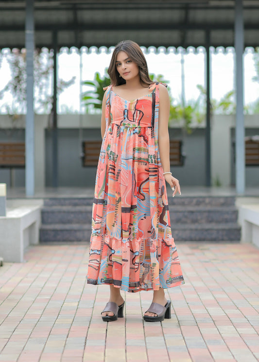 Multicolor Printed Georgette Maxi Dress D6088